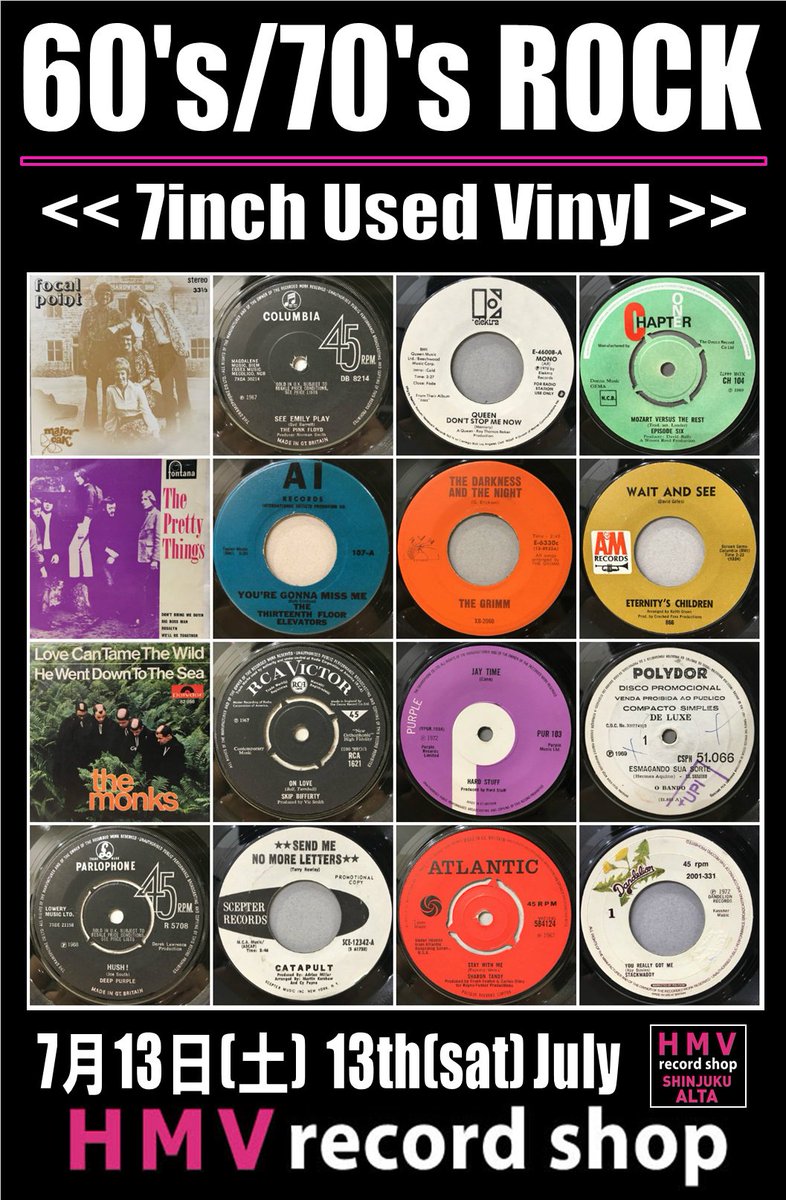 HMVrs_shinjuku's tweet photo. 7/13(土)開催60s/70s ROCK 7inch VINYL 廃盤セールのWEBでの販売がスタート!★WEB販売特集ページはこちら https://t.co/80kjIeKrkO ★他詳細はブログにて https://t.co/YRdpaFmuA3 #genesis #happytheman #aquamen #lineandtrack #affinity #prettythings #action #shadowsandreflections #leafhound https://t.co/ECuEK3P0ZQ
