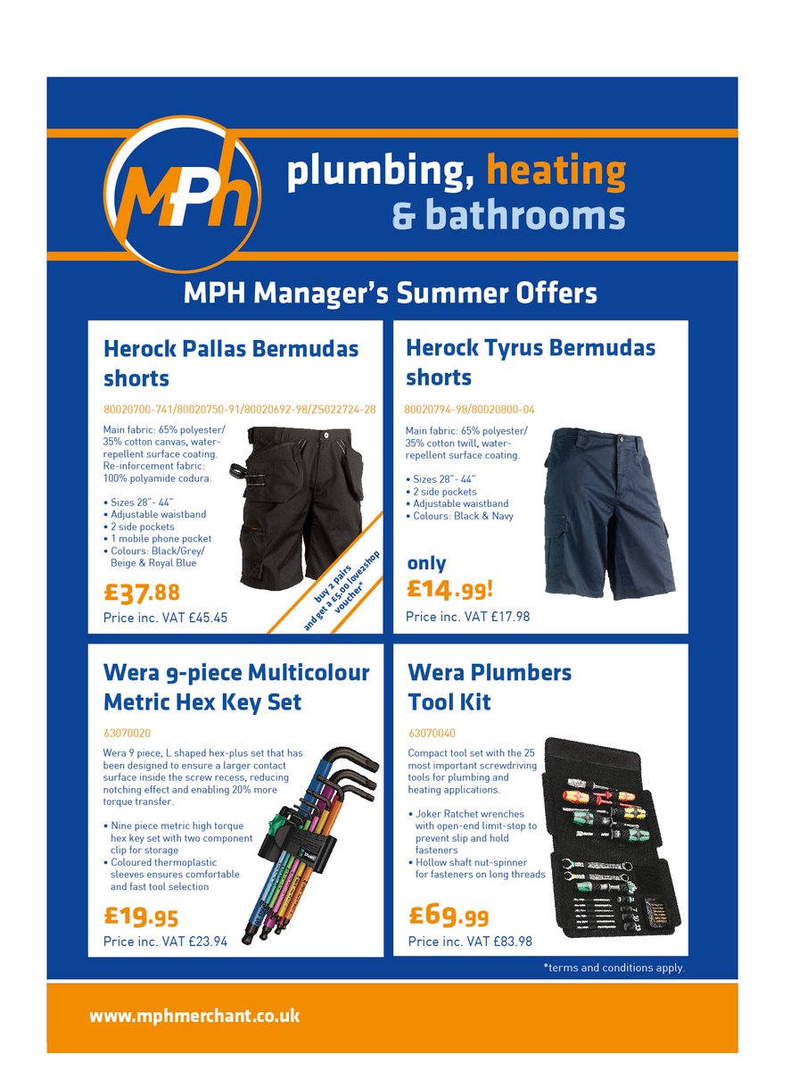 MPHmerchant's tweet photo. NEW Manager's Summer Offers!
Pop into your nearest branch today and take advantage of these great offers with Herock Workwear shorts and the perfect solution to some new tools with Wera products! #mphmerchant #shorts #tools #wera #herock #plumbing #heating https://t.co/CZrxh6yfDr