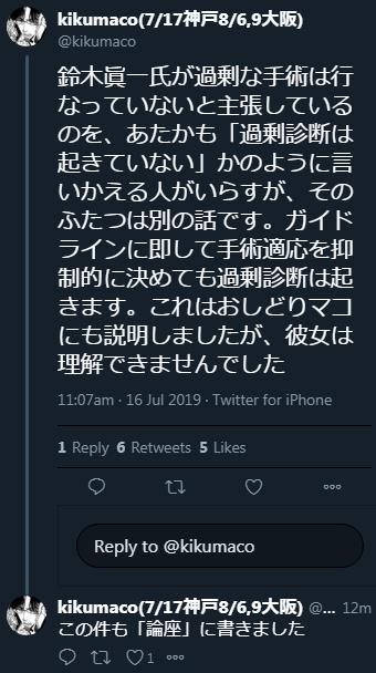 もうれつ先生 繰り返すが この連ツイでの論点は 菊池さんの 鈴木眞一氏が過剰な手術は行なっていないと主張しているのを あたかも 過剰診断は起きていない かのように言いかえる人がいらすが というのは虚偽 認識間違い だか 嘘 だかは不明 だ