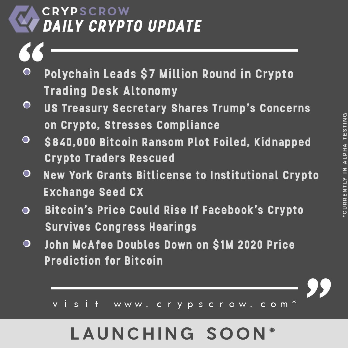 CrypScrow's tweet photo. #dailycryptoupdate #cryptonews #crypscrow #polychain #cryptotradingdesk #altmoney #ustreasury #trump #concern #compliance #ransom #trader #rescued #newyork #bitlicense #instutionalcrypto #exchange #seedcx #facebook #cryptosurvive #rise #btc #johnmcaffe #price #predction https://t.co/0lZ1ejkBqa
