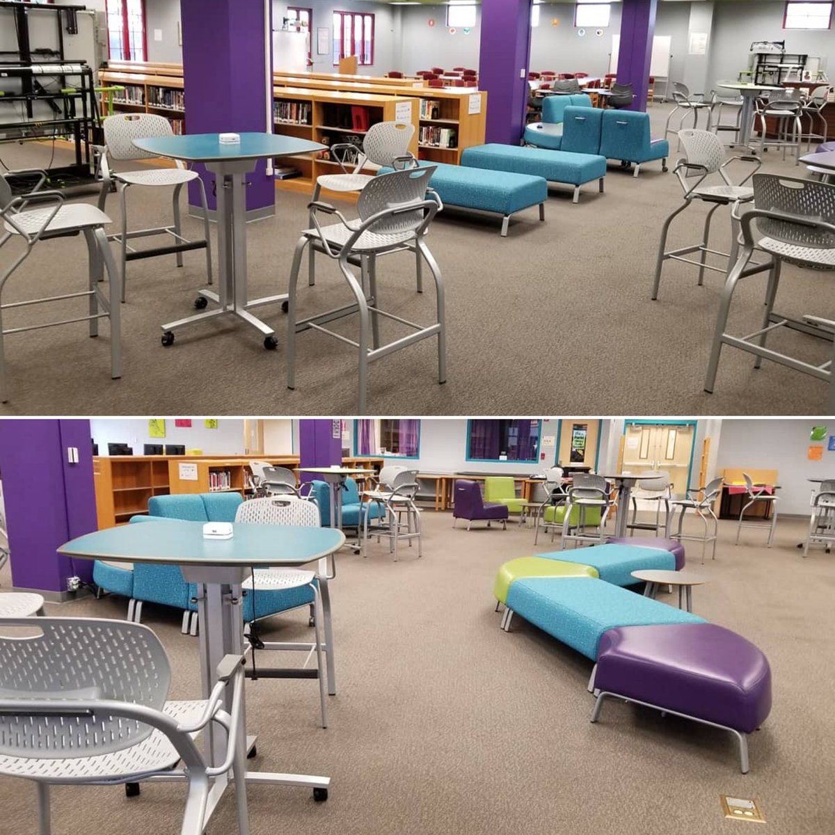 Dray1959's tweet image. Rearranged our casual seating area after the carpets were cleaned. May play around with it a bit more before school starts back up but it's a start. Thoughts??? #funspaces #hubofschool #mediacenter