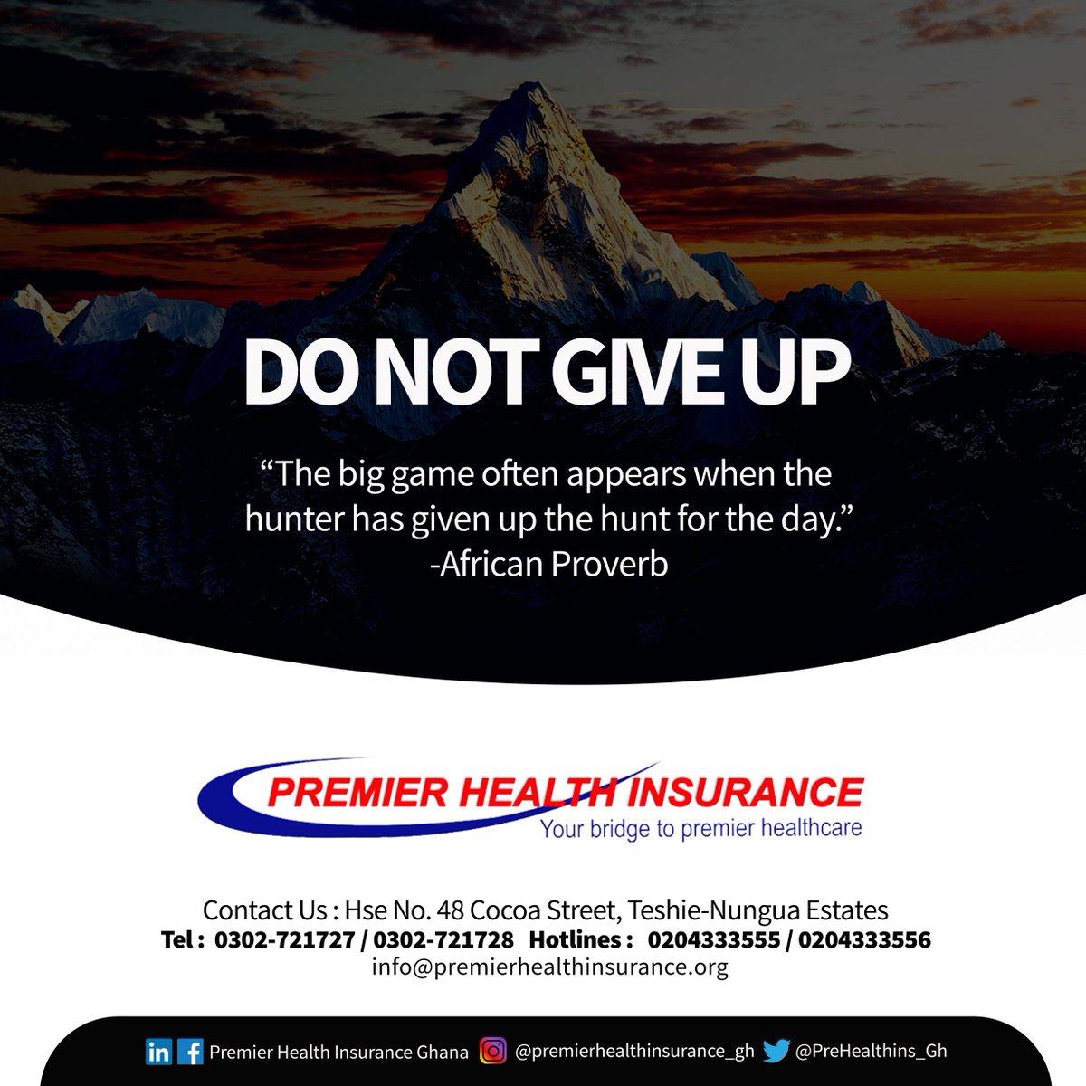 PreHealthIns_GH's tweet photo. Remember why you started and don’t give up, ever!
#PremierQuotes
#PremierHealthInsurance
#PremierMotivation
#TerrificTuesday https://t.co/NfuiFTr67Q