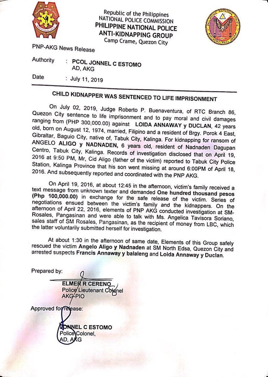 PNP AKG CHILD KIDNAPPER WAS SENTENCED TO LIFE IMPRISONMENT.