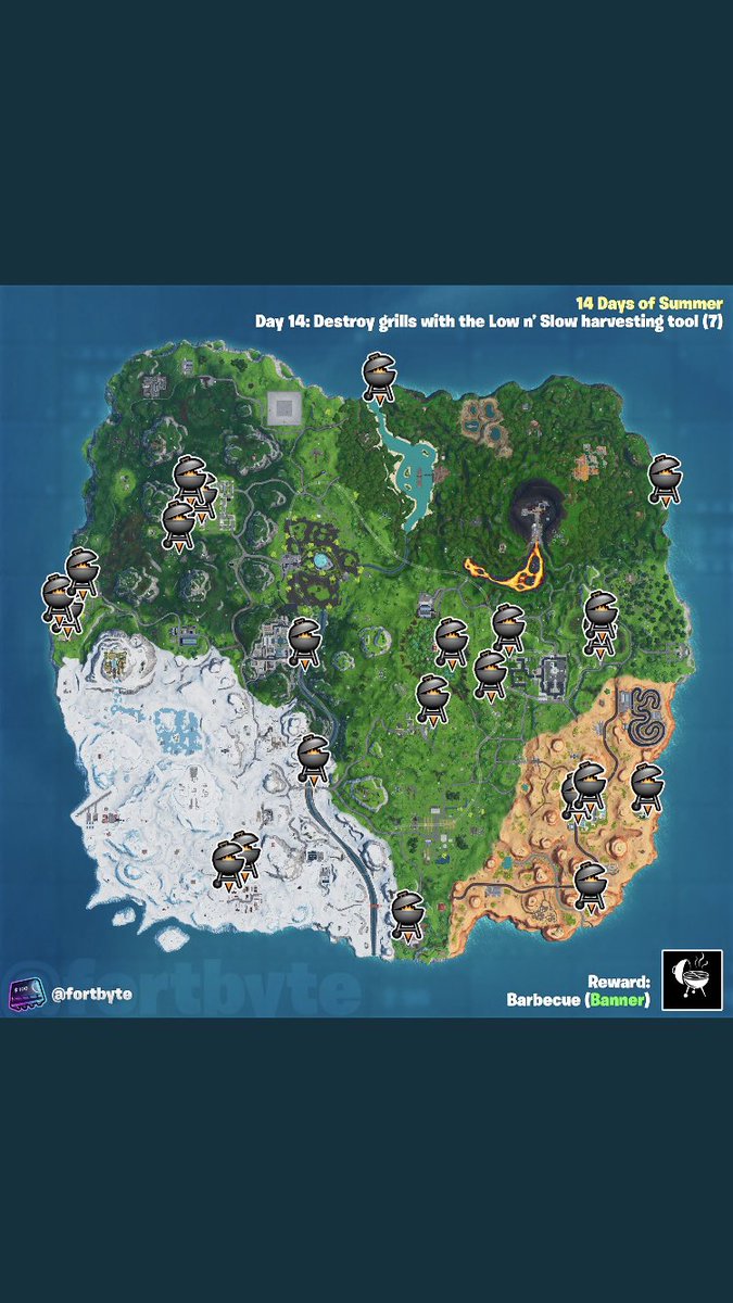 F0rtbyte's tweet image. For those wanting the barbecue grill banner, here are locations on the Fortnite map 🗺 that have grill locations!