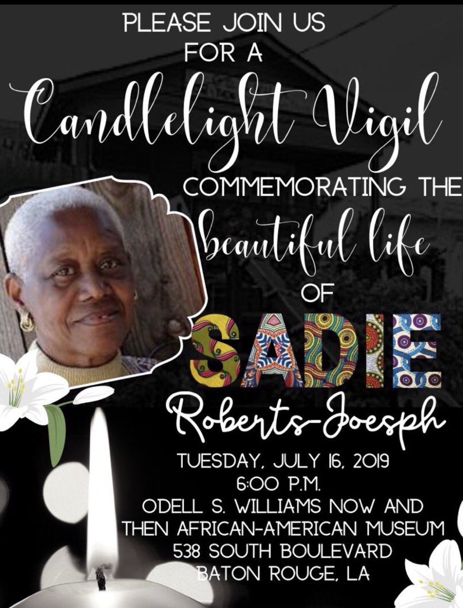 DeonGuillory's tweet photo. Candlelight vigil tomorrow night (Tuesday) for murdered community activist #SadieRobertsJoseph https://t.co/slUgSjhs5X