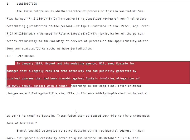 Jan. 2015: Brunel & modeling agency, MC2, sued Epstein fordamages that allegedly resulted from notoriety & bad publicity generated by criminal charges that had been brought against Epstein involving allegations of unlawful sexual contact with a minor.  https://www.courtlistener.com/opinion/4612995/epstein-v-brunel/ …