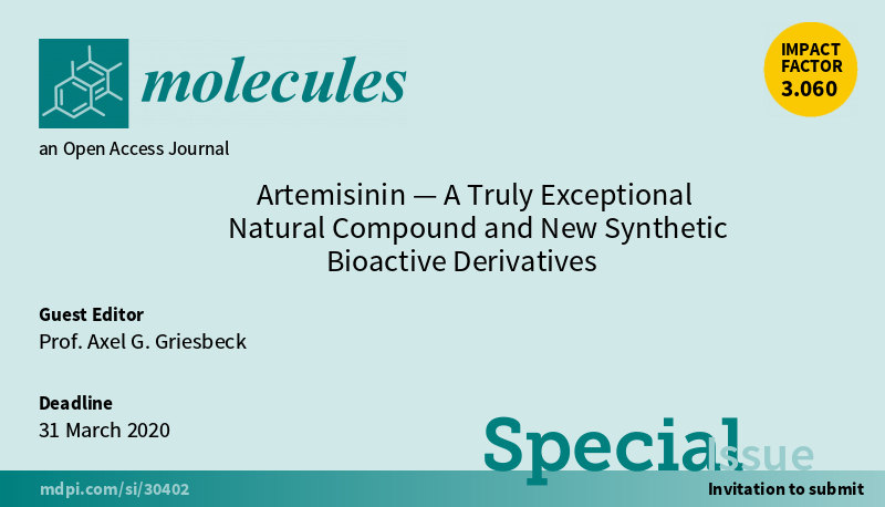Molecules_MDPI's tweet photo. 📢New Special Issue Open for Submissions: #Artemisinin—A Truly Exceptional Natural Compound and New Synthetic Bioactive Derivatives
✏️Guest edited by Prof. Axel G. Griesbeck from University of Cologne, Germany
🔗https://t.co/zV3xOcRMXd
📌#Peroxides #MedicinalChemistry #Synthesis https://t.co/aKd9OpNA9P