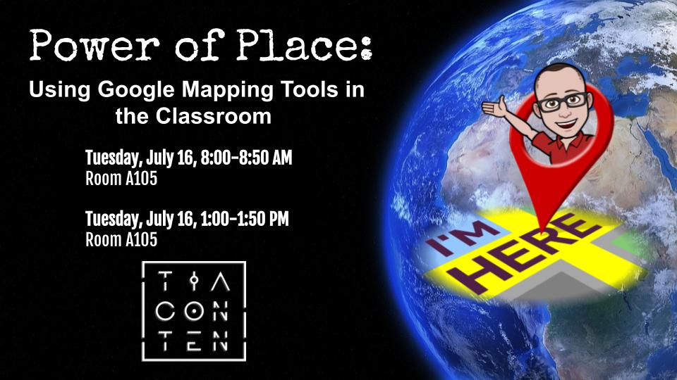 After having success with <a href="/Google/">Google</a> mapping tools in the classroom, I'm taking the show on the road!  I will be presenting on how to use these tools in the classroom at #tiacon.