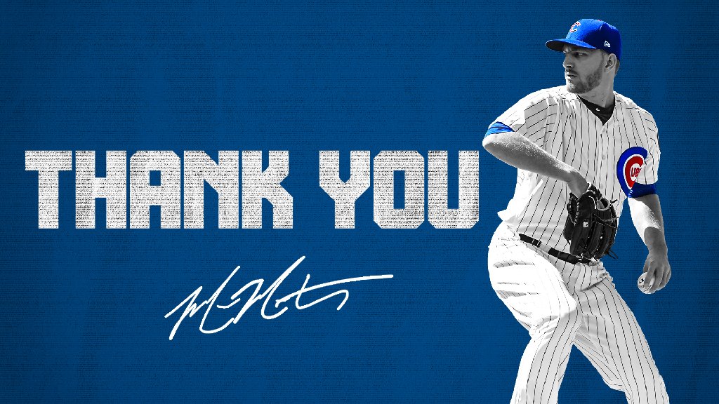 Cubs's tweet image. You threw the most important pitch in Cubs history and we will be forever grateful for what you helped bring the city of Chicago.

Thank you to a true champion, @MikeMontgum22.