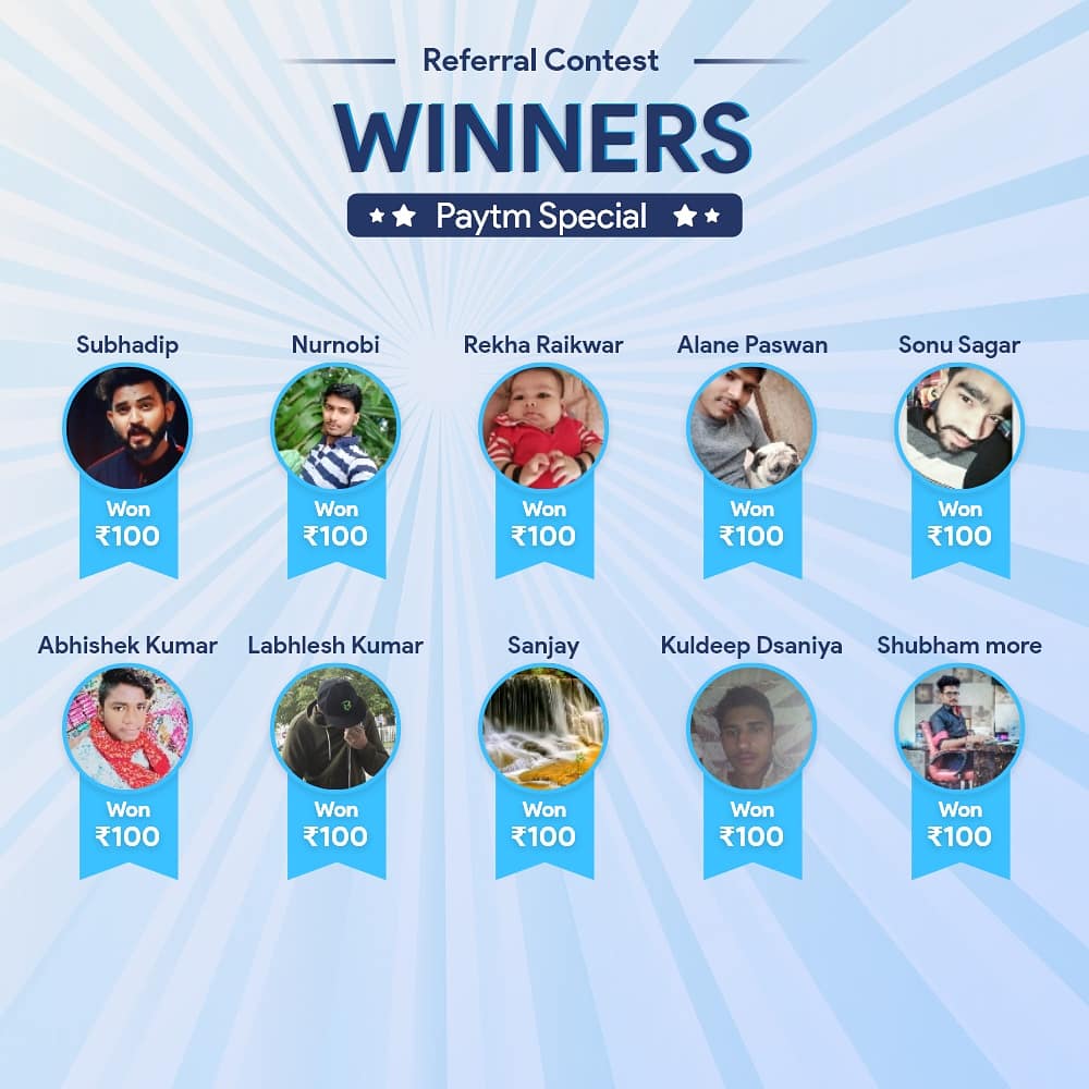 QurekaProApp's tweet photo. Congrats to the winners of "Paytm Special Referral Contest" held on 15th July

If you also want to WIN upto ₹3000 Paytm Cash Everyday, then Invite your friends on Qureka Pro to Play Games &amp; WIN. 

#PaytmContest #ReferAndWin #PaytmCash #SpecialContest #QurekaPro #PlayGamesWinCash https://t.co/pIRCtkHpEX