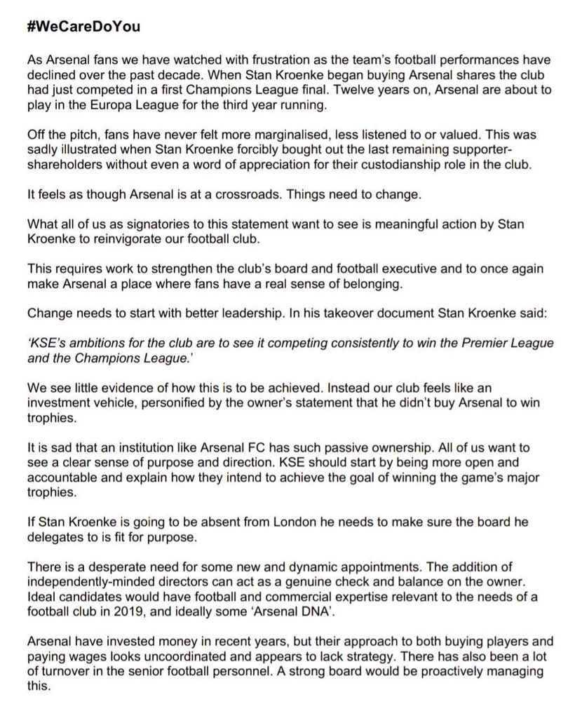 LordBendtner's tweet photo. Gunners Unite! We need to see some action from owner Stan Kroenke.

This movement should not be stopped. This is a club and not some investment opportunity where you park your money on. #WeCareDoYou. https://t.co/0N7ooYcU5k