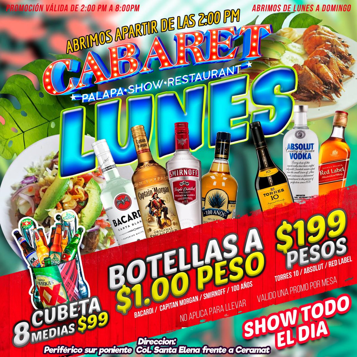 Marco87248053's tweet photo. LUNES ESPECIAL!!! 😱😱😱😱😱  LUNES DE VACACIONES BOTELLAS A $1.00 peso!   Bacardi / smirnof / 100 años / capitán morgan   CUBETAS $99.00 pesos / 8 medias / 2 a 8 pm  DISFRUTA HOY LUNES DEL SHOW DE CABARET
@PalapaCabaret https://t.co/FutxfQCBuN