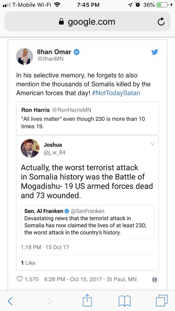 Rem143A's tweet photo. @Ilhan This will not get old. I will question your allegiance to this country. I don’t trust you. #battleofmogadishu #rangers #armysf #seals #airforcests #soar Bleesed be these Giants. #RIP 19 warriors and heroes. https://t.co/s5ZxJSebiH