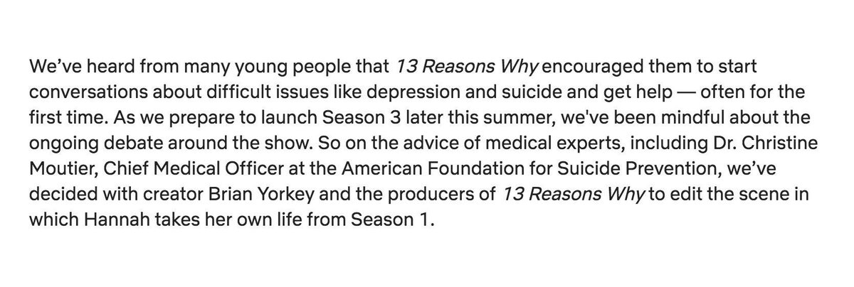 13ReasonsWhy's tweet image. An update on 13 Reasons Why
If you or someone you know needs help finding crisis resources please visit 13reasonswhy.info