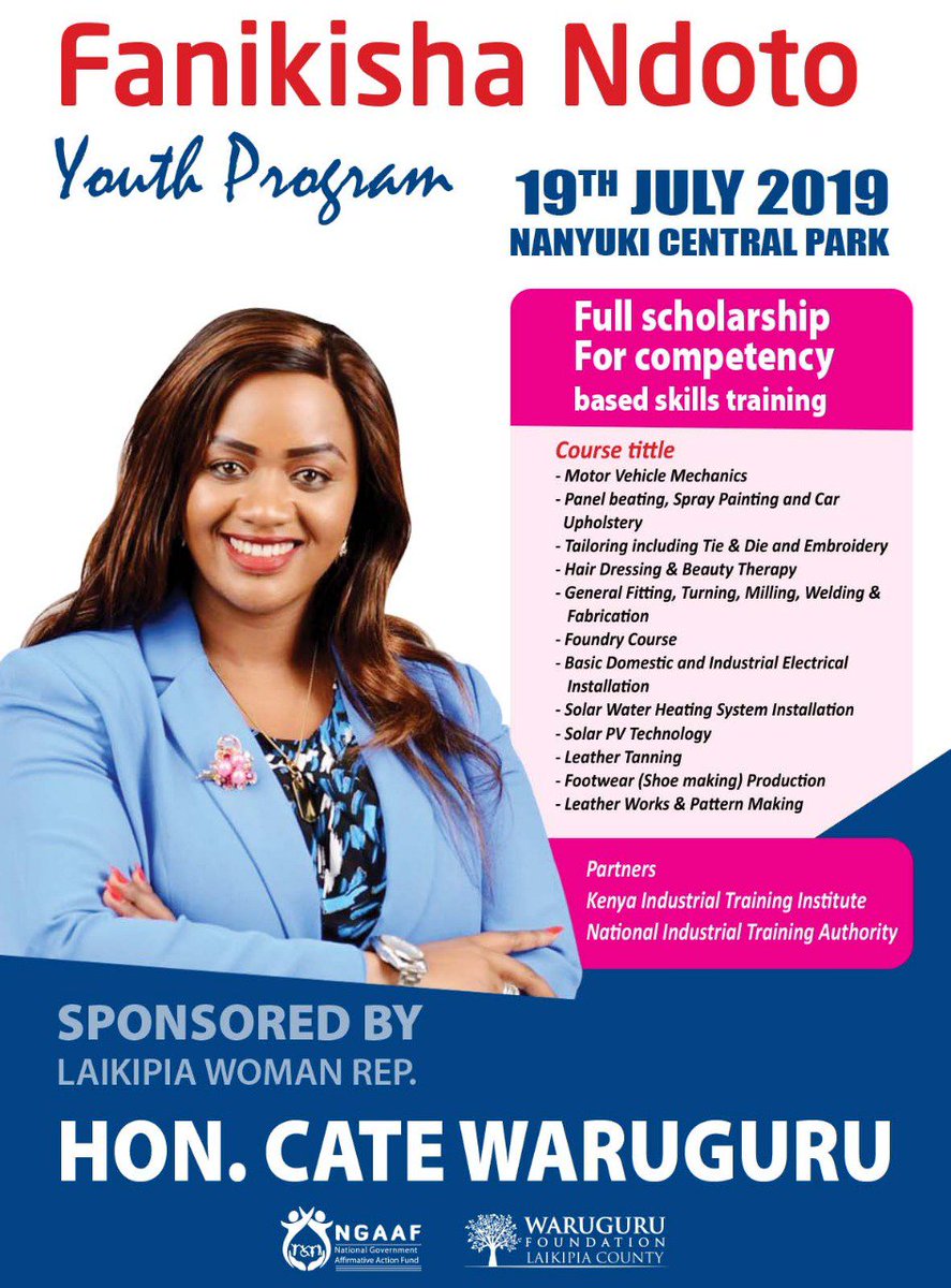 Join @Cate_Waruguru @NGAAF_KE  Friday 19 For Fanikisha Ndoto Youth Programme and  Women Fund Drive Laikipia county.

Venue:Nanyuki Central Park
Time:1200Hrs
@NGAAF_KE
@YoungMPsKenya
@KYEOP_Kenya
@IndustryKE
#LaikipiaWomenRep
#Affirmativeaction