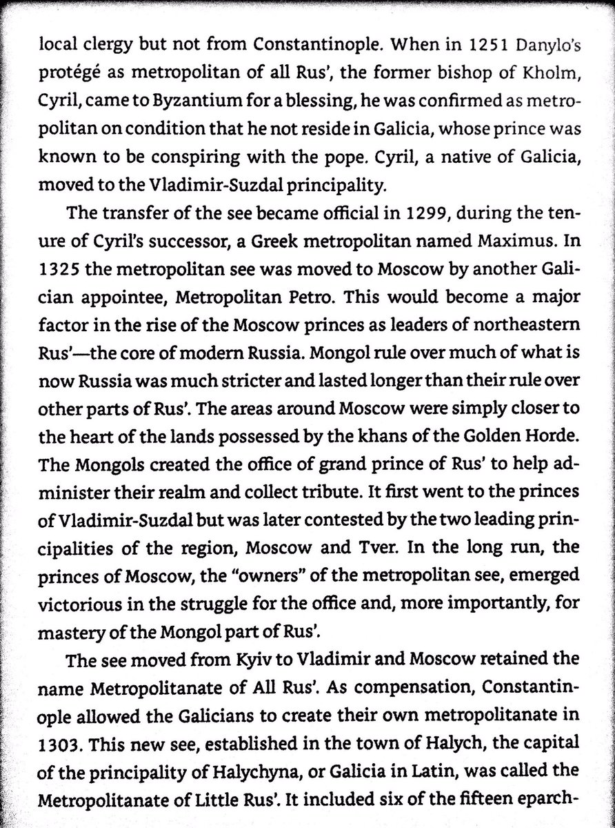 Galicia aligned with Catholics against Mongols, alienating Orthodox. Thus Metropolitan of Russia was relocated away from Kiev to central Russia. As compensation, new Orthodox metropolitan set up in Galicia. Two religous hierarchies for East Slavs.