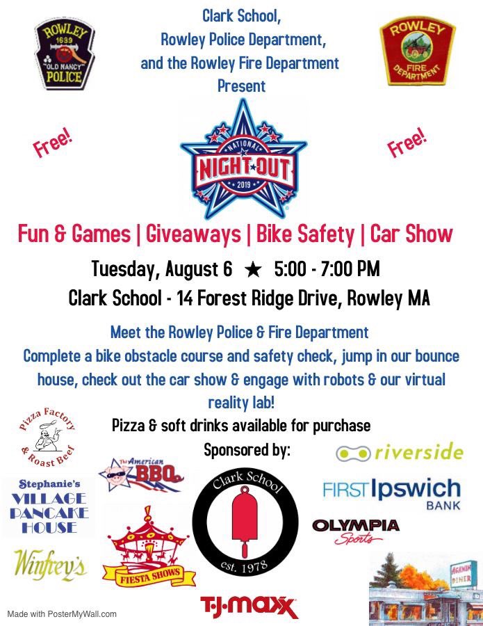 Rowley_PD's tweet photo. Join us at @ClarkSchMA along with @RowleyFire on August 6th from 5pm-7pm for #nationalnightout! Always a great time for the family! #community #Rowley https://t.co/WVsFL4OUwO