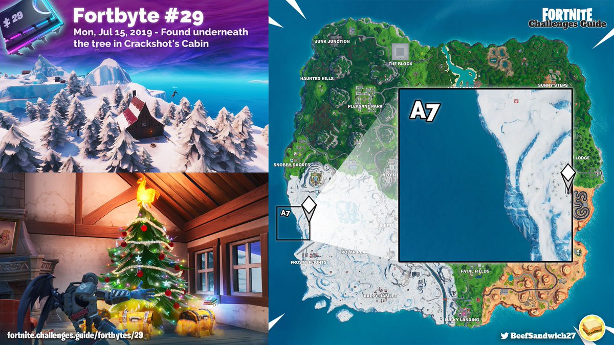 BeefSandwich27's tweet photo. Fortbyte #29 - Found underneath the tree in Crackshot's Cabin https://t.co/6nanvYsXvU
It's Christmas in July in Fortnite. Go find your Fortbyte-present under the tree!
#fortbyte29 #fortbytes #fortbytelocations #cheatsheets #fortnitechallenges #fortnite https://t.co/HvZ8AwzTtG