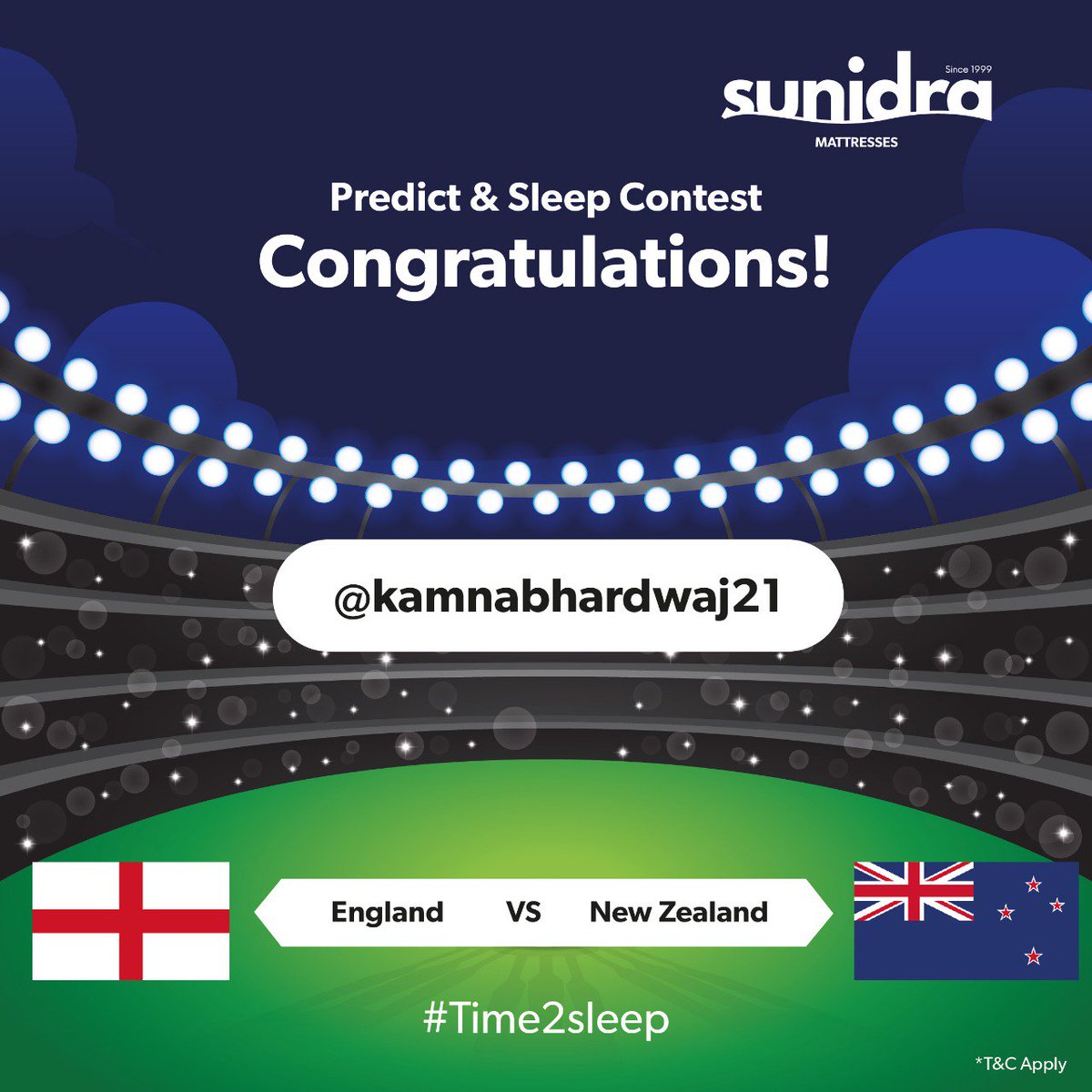 We are happy to announce the winner of our Predict & Sleep Contest. Congratulations . Winner, kindly DM your details.
#ICCWC2019 #ICCWorldCup2019final #ENGvNZ #Sunidra #Time2sleep