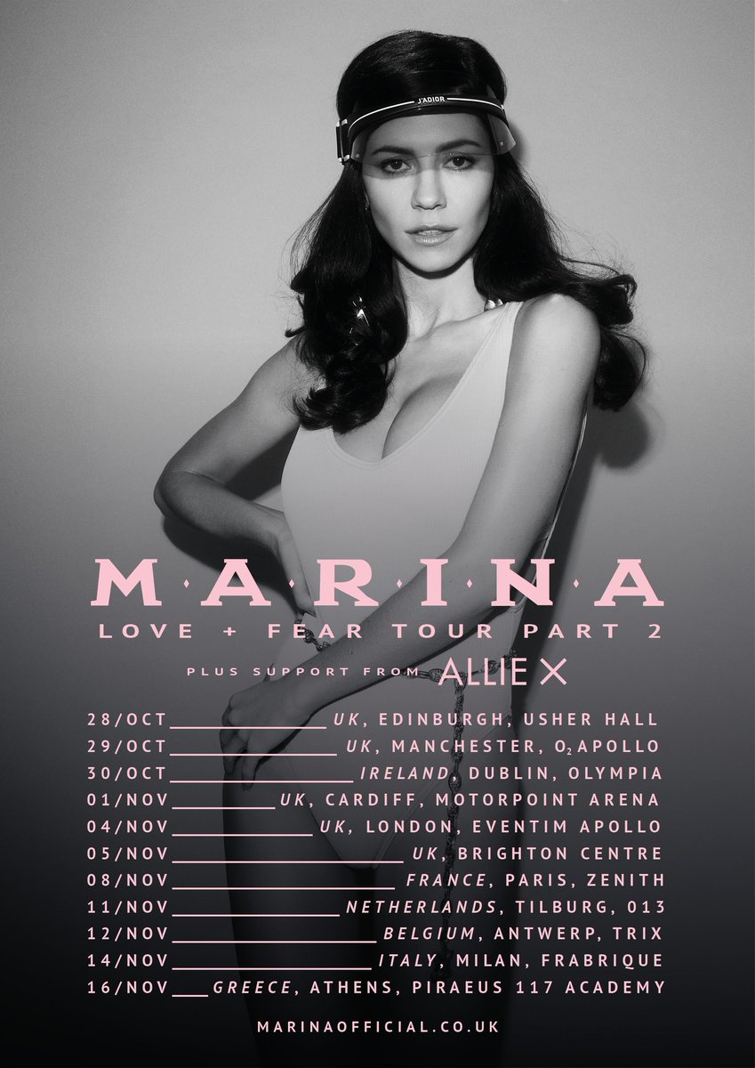 I'm so jazzed to announce that @alliex will be joining me for the Love + Fear Tour Part 2 across Europe this Autumn ✨
Tickets available now at marinaofficial.co.uk/tour