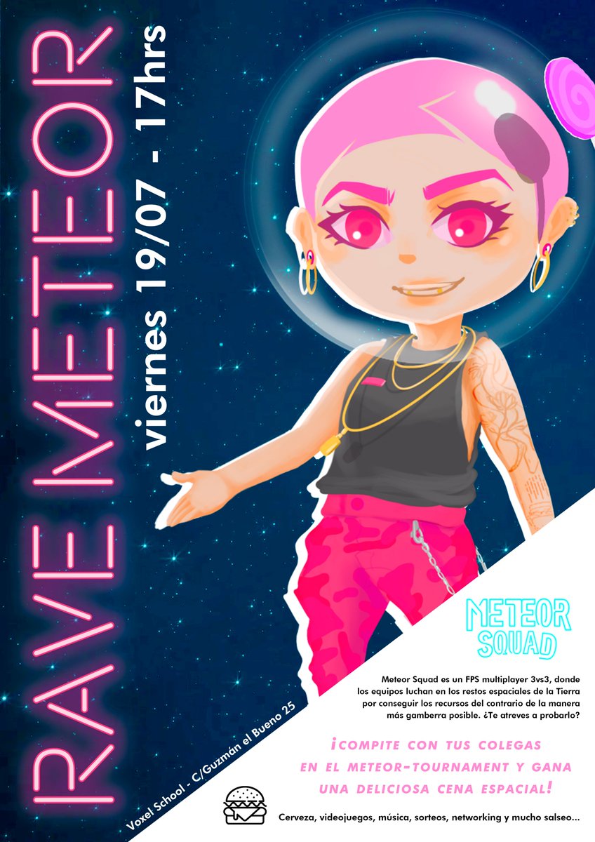 Ey meteoros! ☄️#MeteorSquad ya tiene cartel oficial para la #RAVEMETEOR con todos los datos sobre nuestro meteor-tournament. Para participar, mándanos un DM con los nombres + apellidos de tu equipo y ¡que gane el mejor meteoro!🍟¡Os esperamos!🍔