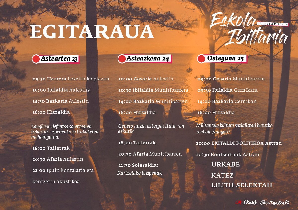 IASozialista's tweet photo. 📚#EskolaIbiltaria | Hemen da hurrengo asteko egitaraua. Ibilaldiak, jokuak, hitzaldiak, hamaika tailer ezberdin, aisirako tartea...

Ezin duzu Eskola Ibiltaria galdu! https://t.co/yh0mobAMO0
