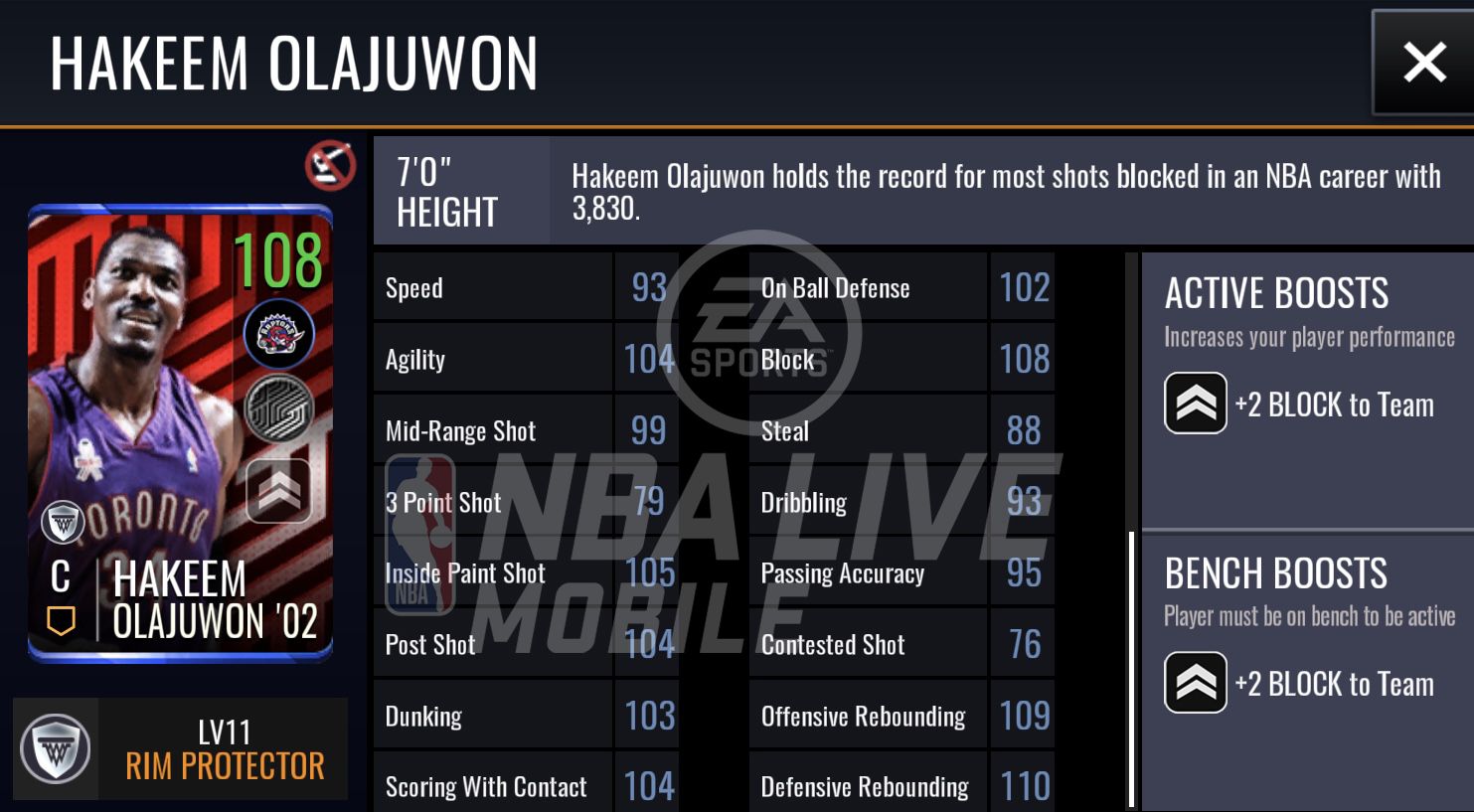 EA SPORTS NBA LIVE MOBILE on X New Record Breaker Hakeem Olajuwon with 2 team boost to block Hakeem Olajuwon holds the record for most shots blocked in an NBA career with