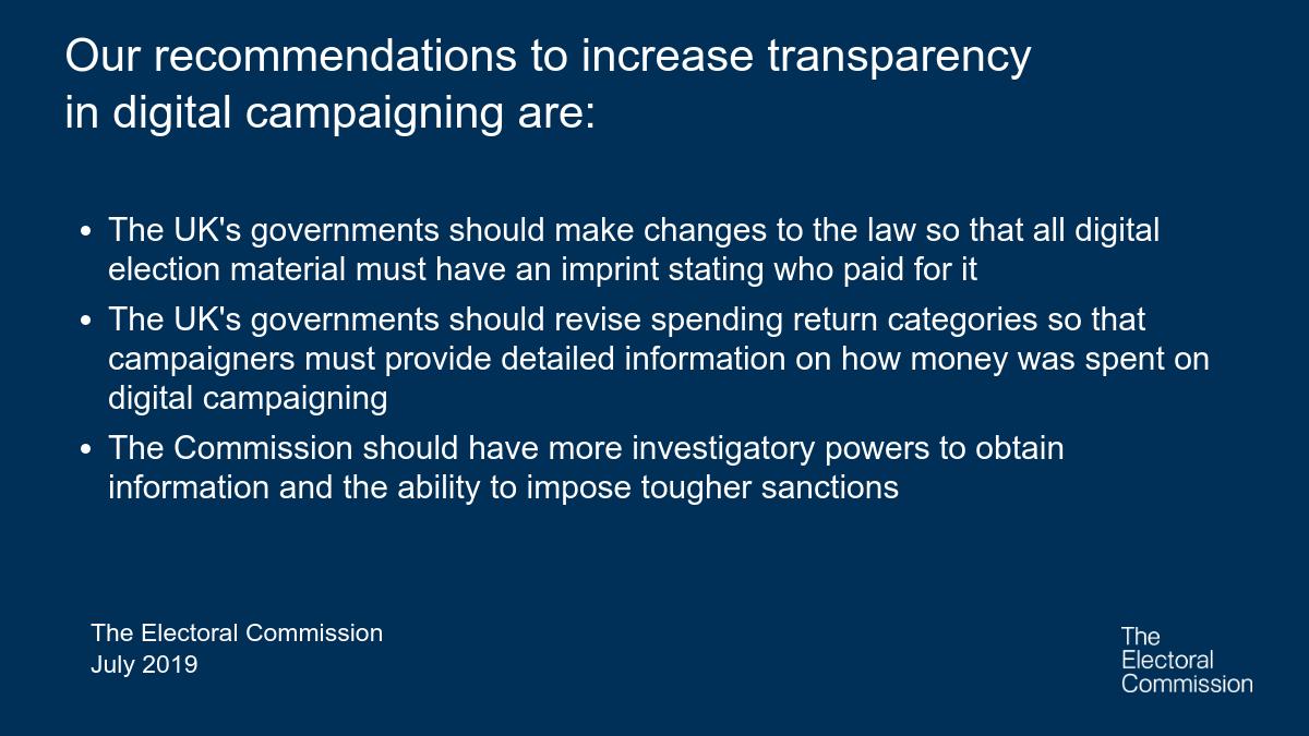 ElectoralCommUK's tweet photo. We have made a series of recommendations to ensure the tools used to regulate electoral campaigning continue to be fit for purpose in the digital age. We continue to urge the UK Government to act on our recommendations to provide greater transparency in digital campaigning. https://t.co/vUGJVp3Tg0