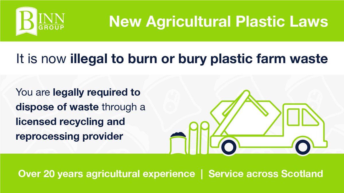 Farmers, are you up to speed with the new laws governing the disposal of plastic waste?

Over the next week we will be providing some helpful information to help you with the do’s and dont’s of the new law.

#PlasticWaste #FarmPlastics #AgriculturalWaste #YourWasteIsChanging