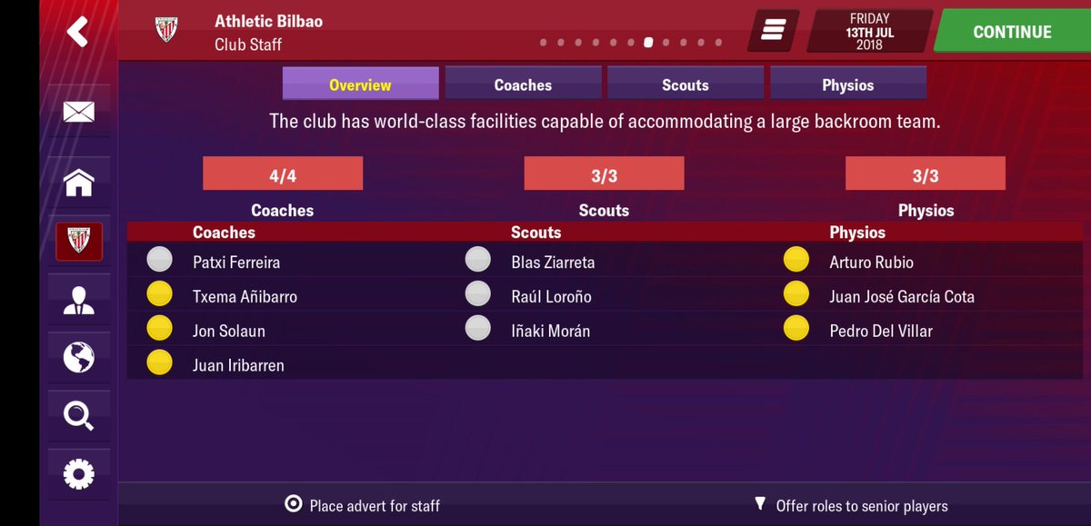 Staff Overview:

Athletic Club started with 2 poor Physiotherapists, so i decided to make some changes, our two Physios; Azula &amp; Campa were replaced by Rubio, Cota &amp; Villar, all of which have gold badges. Coach Jon Solaun passed his assessment &amp; received a gold Coaching badge.