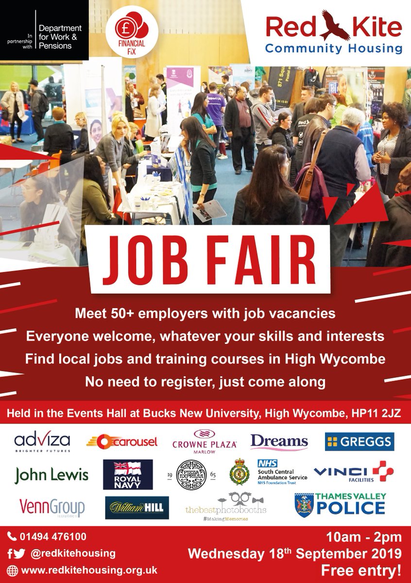 JOB &amp; CAREERS FAIR High Wycombe
Wednesday 18th September 2019 at Bucks New University
10am - 2pm
*** FREE ENTRY ***
with over 60 Employers with available jobs &amp; apprenticeships.
#BucksJobs #JobFair #HighWycombeJobFair @BucksNewUni @JCPinBucks
<a href="/Redkitehousing/">Red Kite</a> <a href="/CheshamCouncil/">Chesham Town Council</a>