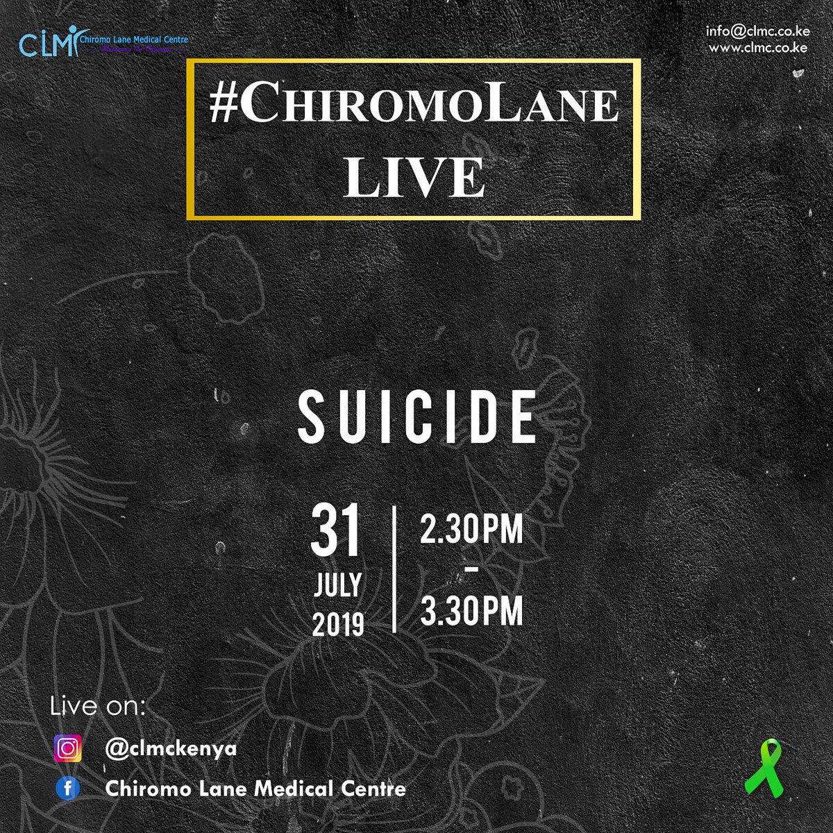 ChiromoHospGrp's tweet photo. Did you know that 800,000 people die from suicide annually? On Wednesday 31st of July, we will go live on camera to discuss suicide and why it is such an issue of concern. 

If you have any questions you would like answered comment them below 👇🏾

#ChiromoLaneLive #CLMCAwareness https://t.co/C6akj6vfiw