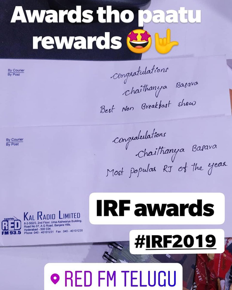 RJChaitu's tweet photo. Paisal paisla paisal 🤩🤩
#IRF2019 #indiaradioforum #popularrj #popularrjoftheyear2019 #bestshow #twoawards #tworewards 🤟💓 #redfm #no1station @redfmtelugu #gratitude #Thanks 🙏 https://t.co/bDK10ZlsBV