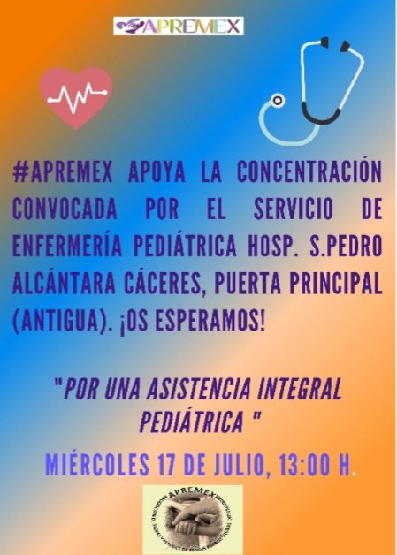 apremex's tweet photo. #APREMEX se suma a la #Concentración Servicio #EnfermeríaPediátrica: miércoles 17 julio, 13:00 H., puerta antigua #HospitalSanPedroAlcántara #PediatríaCáceresLaGranOlvidada Por una gestión humanizada, NO a una gestión q nos haga retroceder a los años 80 @jvergelesb @Fran_Calvo_Ch https://t.co/aQ2zGloWka