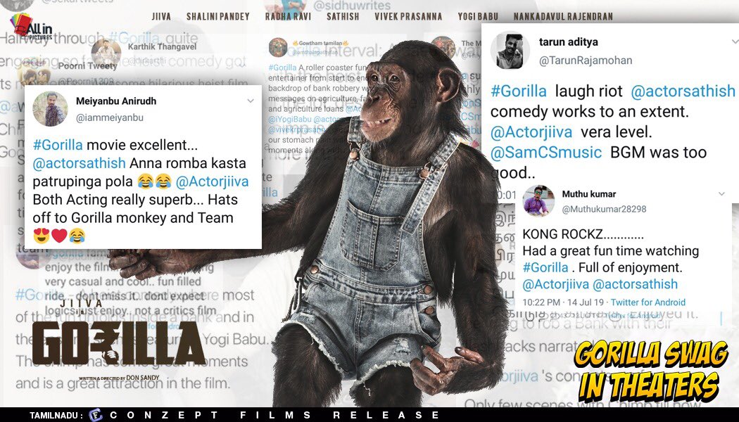 Only Kollywood (@onlykollywood) on Twitter photo Appreciations pouring in for #Kong's Performance In #Gorilla !
Watch #Gorilla In Theatres.
#GorillaYouthfullHit
@Actorjiiva <a href="/actorsathish/">Sathish</a> <a href="/All_In_Pictures/">All In Pictures</a> <a href="/DonSandyDir/">Don Sandy</a>
<a href="/ConzeptFilms/">Conzept Films</a> Appreciations pouring in for #Kong's Performance In #Gorilla !
Watch #Gorilla In Theatres.
#GorillaYouthfullHit
@Actorjiiva <a href="/actorsathish/">Sathish</a> <a href="/All_In_Pictures/">All In Pictures</a> <a href="/DonSandyDir/">Don Sandy</a>
<a href="/ConzeptFilms/">Conzept Films</a>