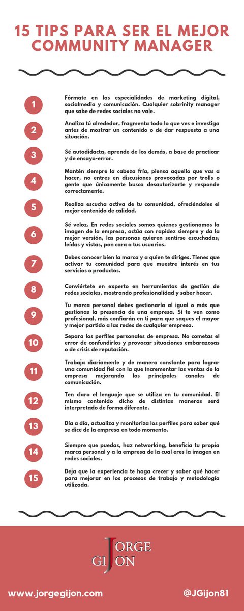 JGijon81's tweet photo. 🚀¿Te gustaría convertirte en un gran #communitymanager? 
¿No tienes claros los pasos a seguir? 

🔸En ésta #infografía te dejo 15 #tips para convertirte en el mejor, paso a paso. 

✅https://t.co/PyfhYxGC77

🔹https://t.co/I26S28pcLT
#socialmedia #marketingdigital https://t.co/xLx05ff8y3