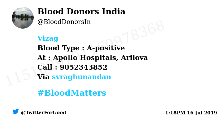 BloodDonorsIn's tweet photo. #Vizag
Need #Blood Type :  A-positive
At : Apollo Hospitals, Arilova
Number of Units : 3
Primary Number : 9052343852
Illness : Bypass Surgery
Via: @svraghunandan
#BloodMatters
Powered by Twitter https://t.co/Bke8cIqjgJ