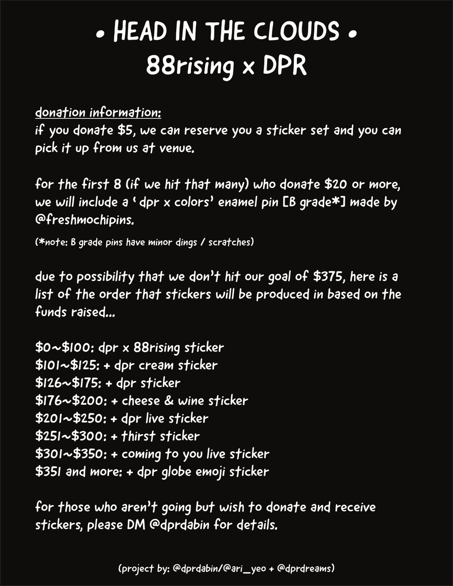 ctydabin's tweet photo. [88RISING HEAD IN THE CLOUDS X DPR FAN PROJECT]
@dprdreams and I are holding a fan project to produce stickers to hand out at the 88rising HEAD IN THE CLOUDS Festival this year~ Please see the details on the project and how to donate! Feel free to DM @dprdabin with questions too~ https://t.co/fbqpQTd1Ma