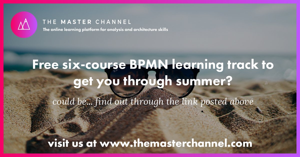 TheMasterChnnl's tweet photo. Getting a €250 value learning track for free can never be a bad deal. Check https://t.co/dzAwPi2yGc to see if this applies to you... #BPMN #themasterchannel #businessanalysis https://t.co/vZMF2vEvOH