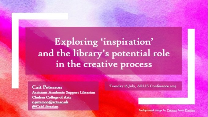 CaitLibrarian's tweet photo. Excited to be presenting for the first time at the ARLIS conference today! My lightning talk is on at 11:50. #arlisuki2019 #inspiration #creativity #library https://t.co/i8emutQ9m0