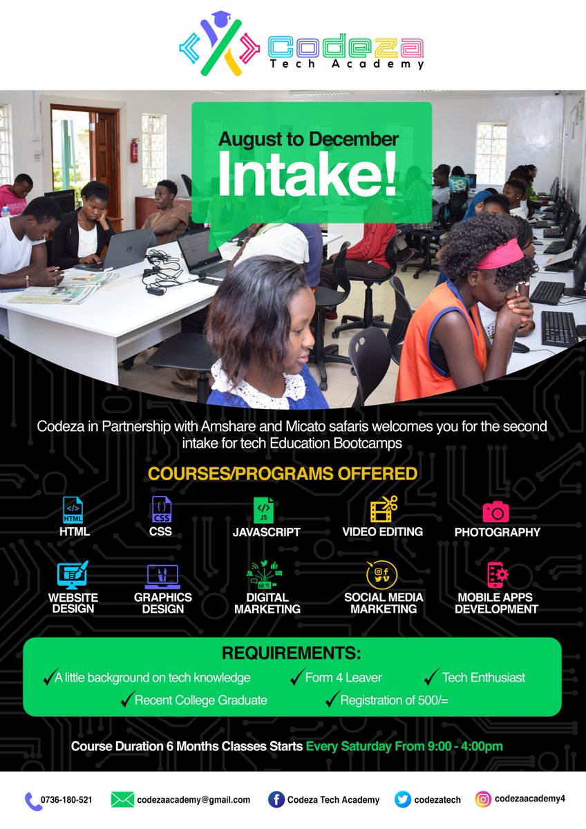 CodezaTech's tweet image. We are back ..Aug-Dec 2019 intake is Here. Apply!! Apply!! #worldskillsyouthday #impactsourcing #globalimpact #digitalmarketing  #giveworkmovement