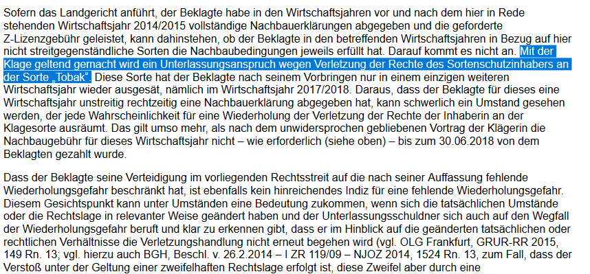 Loeffel_Abrar's tweet image. #Sortenrechtsverletzung - auch das ist gewerblicher Rechtsschutz / #IPRecht 
OLG Düsseldorf (anders als LG): Wiederholungsgefahr und Unterlassungsanspruch aufgrund Verletzung einer geschützten Winterweizensorte, neues Urteil, vom 12. Juli 2019, 2 U 80/18 justiz.nrw.de/nrwe/olgs/dues…