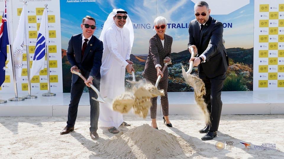 AusAmbUAE's tweet photo. Big Team Australia effort to get us to this point - turning the soil to start Australia’s @expo2020dubai pavilion build. Thanks @Austrade CEO Fahey, @AusCG_Expo2020 @IanHalliday29 @VicGovtNews Trade Commissioner Seeber, @Queensland Trade Commissioner Massie, @AusBG @ABCDubaiUAE https://t.co/NLoXYhlQ2d