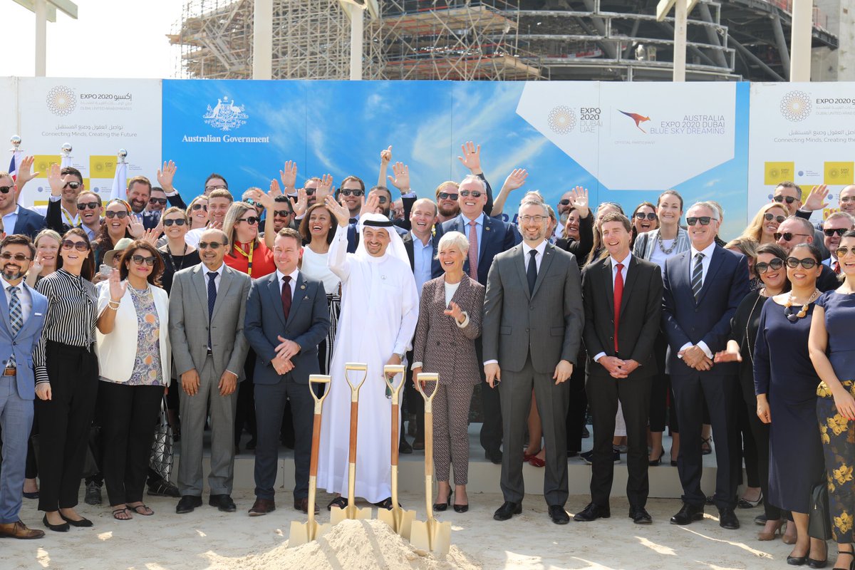 AusAmbUAE's tweet photo. Big Team Australia effort to get us to this point - turning the soil to start Australia’s @expo2020dubai pavilion build. Thanks @Austrade CEO Fahey, @AusCG_Expo2020 @IanHalliday29 @VicGovtNews Trade Commissioner Seeber, @Queensland Trade Commissioner Massie, @AusBG @ABCDubaiUAE https://t.co/NLoXYhlQ2d