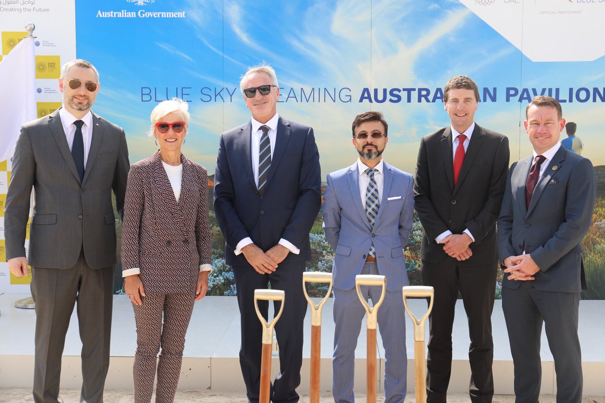 AusAmbUAE's tweet photo. Big Team Australia effort to get us to this point - turning the soil to start Australia’s @expo2020dubai pavilion build. Thanks @Austrade CEO Fahey, @AusCG_Expo2020 @IanHalliday29 @VicGovtNews Trade Commissioner Seeber, @Queensland Trade Commissioner Massie, @AusBG @ABCDubaiUAE https://t.co/NLoXYhlQ2d