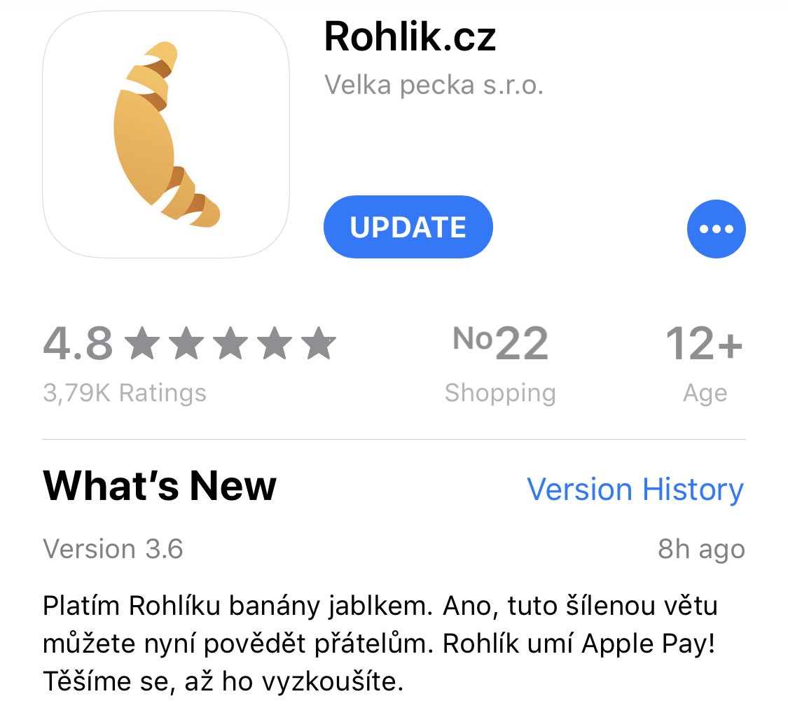 už nějaký ten den můžete v iOS appce <a href="/rohlikcz/">Rohlik.cz</a> platit pomocí Apple Pay 🍏🥰 🥳 
<a href="/PecemeRohlik/">Vývojáři Rohlík.cz</a> 
#ApplePay #iOS