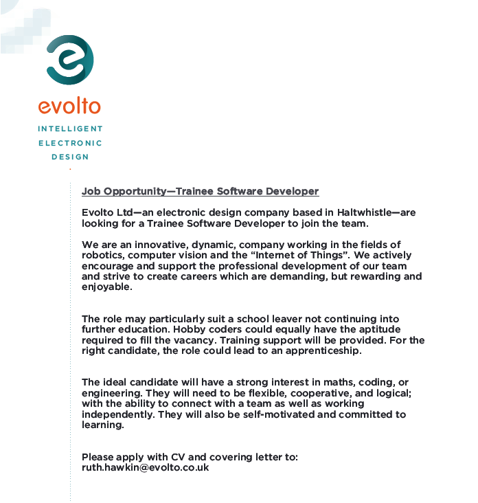 EvoltoDesign's tweet image. Evolto is recruiting a Trainee Software Developer. Interested? Then please get in touch!

#IntelligentElectronicDesign