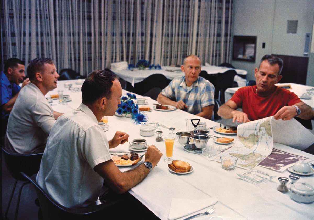 apollo_50th's tweet photo. The Apollo 11 crew sit down to a breakfast of orange juice, steak, scrambled eggs, toast and coffee.
#Apollo11
#Apollo50 https://t.co/FuaiYDFacS