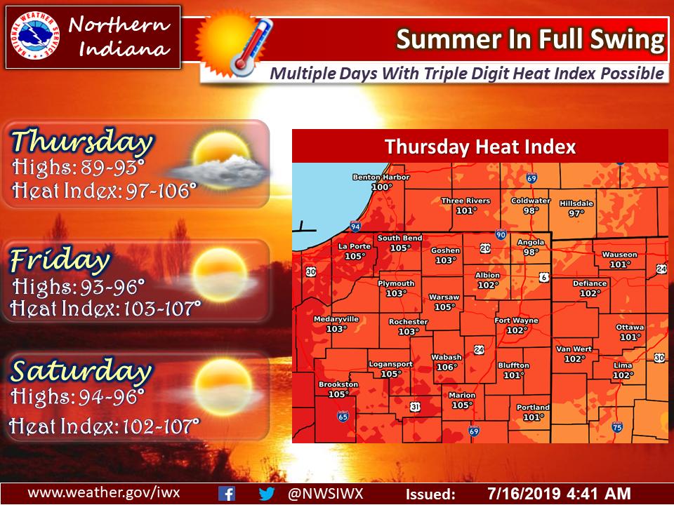NWSIWX's tweet photo. The heat will be on for the second half of the week. Heat Index values in the triple digits are expected. Limit time outdoors, stay hydrated, and never leave children, pets, or the elderly in a locked vehicle in this heat. Look before you lock. https://t.co/mLavrrlZeF