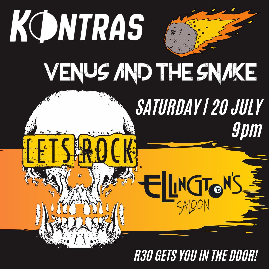 Another banger of a weekend coming up! 🤘

We are super stoked to be sharing a stage with Kontras this Saturday at Ellington's Saloon.

R30 gets you in the door | Doors open 7pm | Music starts ± 9pm
️